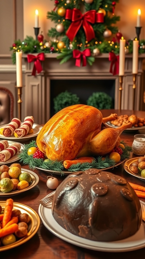 A beautifully arranged Christmas dinner table with roast turkey, pigs in blankets, and festive sides.